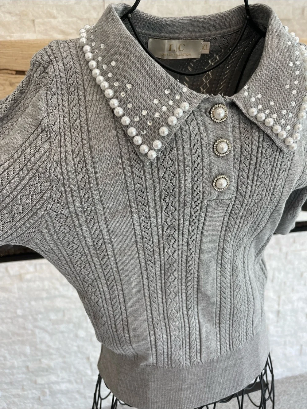 Grey Pearl-Rhinestone Embellished Knit Sweater - Picture 1 of 5